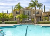 Thumbnail 11 of 24 - Two-Bedroom Apartments in Sacramento, CA - Avanti - Gated Pool with Palm Trees and View of Clubhouse