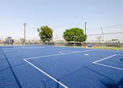 Thumbnail 33 of 46 - a blue tennis court with trees in the background
