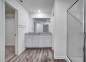 Thumbnail 12 of 46 - 	Four-BR Homes For Rent In North Denton, TX - Beall Way - Bathroom With Standing Shower, Granite Countertop, And Direct Access To Walk-In Closet