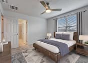 Thumbnail 19 of 36 - A bedroom with a bed, nightstands, and a ceiling fan.