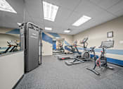 Thumbnail 33 of 47 - A gym with a row of exercise bikes and a treadmill.
