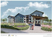 Thumbnail 2 of 2 - A rendering of a modern North Bend Family Housing complex with people walking around the courtyard.