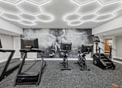Thumbnail 3 of 25 - Sandy Springs, GA Apartments – Celebration at Sandy Springs – A gym with treadmills, exercise bikes, and a wall mural.