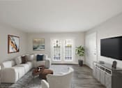 Thumbnail 1 of 25 - Apartments in Sandy Springs Georgia for Rent – Celebration at Sandy Springs - A living room with a white couch, a brown chair, a coffee table, a television, and a painting on the wall.