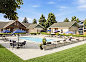 Thumbnail 26 of 47 - A pool surrounded by lawn chairs and umbrellas.
