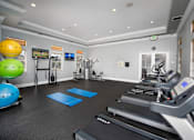 Thumbnail 18 of 28 - A gym with treadmills, exercise balls, and other equipment.