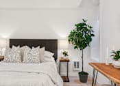 Thumbnail 29 of 78 - A bedroom with a large bed and a potted plant on the side table.