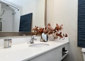 Thumbnail 8 of 51 - A bathroom sink with a mirror and a plant on the counter.