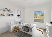 Thumbnail 10 of 19 - Affordable Apartments for Rent in Austin, TX 78724 – Huntington Meadows – A white bedroom with a bed, teddy bear, and toys.