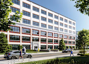 Thumbnail 15 of 25 - A modern building with a red and white facade and people walking in front.
