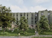 Thumbnail 1 of 7 - A modern apartment complex with greenery surrounding it.