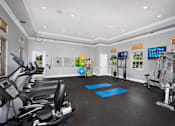 Thumbnail 3 of 28 - A spacious gym with treadmills, exercise balls, and a television.
