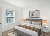 Thumbnail 61 of 63 - A bedroom with a bed, nightstands, and a painting on the wall.