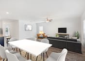 Thumbnail 62 of 63 - A modern dining room with a white table and chairs.