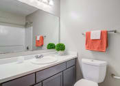 Thumbnail 9 of 24 - Flats at Riverview apartments in Duluth Georgia photo of a bathroom with a sink toilet and mirror