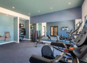 Thumbnail 14 of 16 - a gym with cardio equipment and weights in a building with blue walls