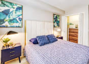 Thumbnail 15 of 27 - A bedroom with a bed, nightstand, and a painting on the wall.