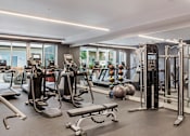 Thumbnail 15 of 20 - A gym with a variety of equipment including treadmills, weights, and exercise machines.