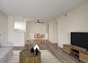 Thumbnail 8 of 42 - A living room with a grey couch, a wooden coffee table, and a television.
