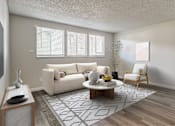 Thumbnail 14 of 42 - A living room with a white couch, a coffee table, and a chair.