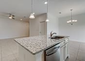 Thumbnail 15 of 36 - A kitchen with a granite countertop and a dishwasher.