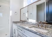 Thumbnail 9 of 13 - Luxury Homes In Atlanta, GA 30307 for Rent – LaFrance Square – A bathroom with a granite countertop and a large mirror.