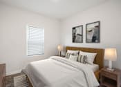 Thumbnail 33 of 63 - A bedroom with a bed, nightstands, and two framed pictures on the wall.