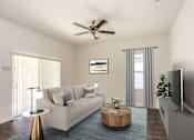 Thumbnail 27 of 63 - A living room with a beige couch, a coffee table, a television, and a ceiling fan.