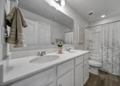 Thumbnail 17 of 19 - Bathroom with double sinks and shower in pet-friendly townhome in Indian Trail, NC