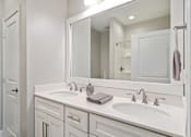 Thumbnail 9 of 24 - Bathroom with single-sink vanity, mirror, and bright lighting in updated Atlanta apartment.