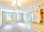 Thumbnail 8 of 23 - large open living room with nine foot ceilings, two windows, ceiling fan, and overhead lighting
