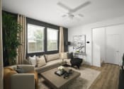 Thumbnail 17 of 31 - Roseville, CA, Dog-Friendly Single Family Homes For Rent In Roseville, CA - Cyrene At Fiddyment - Living Room With High Ceilings, Wood-Inspired Flooring, A Ceiling Fan, And Two Windows With Blinds