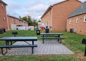 Thumbnail 9 of 13 - A green picnic table is in the middle of a grassy area.