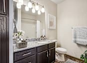 Thumbnail 11 of 33 - Pet-Friendly Rentals in Bentonville, AR – Parc at Bentonville – A bathroom with a white toilet and a mirror above a sink.