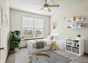 Thumbnail 10 of 33 - 1 & 2-Bedroom Apartments for Rent in Bentonville, AR – Parc at Bentonville – Bedroom with plush carpeting and a ceiling fan