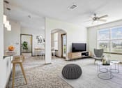 Thumbnail 7 of 33 - 1 & 2-Bedroom Apartments for Rent in Bentonville, AR – Parc at Bentonville – A living room with a television, chairs, and a table.