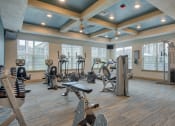 Thumbnail 3 of 33 - Apartments for Rent in Bentonville, AR 72713– Parc at Bentonville -   Gym with lifting equipment and cardio equipment with ceiling lights and glass windows