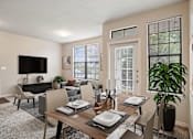 Thumbnail 6 of 25 - A modern dining room with a wooden table set for two.
