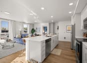 Thumbnail 3 of 43 - a kitchen with a white counter top and a living room