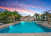Thumbnail 2 of 15 - A large swimming pool surrounded by palm trees and a building in the background.