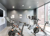 Thumbnail 17 of 25 - A row of exercise bikes are lined up in a room.