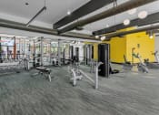 Thumbnail 3 of 18 - a gym with weights and cardio equipment in a building with yellow walls