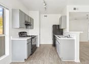 Thumbnail 5 of 19 - Pet-Friendly Apartments in Austin, TX – Huntington Meadows – A modern kitchen with grey cabinets and a wooden floor.