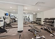 Thumbnail 17 of 27 - Pet-Friendly Rentals in Miami River, FL – Riverview One Apartments – A gym with a variety of equipment including treadmills, weights, and exercise machines.