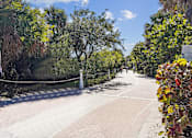 Thumbnail 4 of 9 - A tree-lined walkway with a sign on the left side.