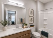 Thumbnail 7 of 23 - Contemporary apartment bathroom with oversized vanity and tub-shower combination at Springview Apartments in Decatur, Georgia.