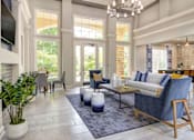 Thumbnail 17 of 19 - A living room with a blue couch and a grey rug.