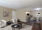 Thumbnail 6 of 29 - A living room with a brown couch, a coffee table, and a dining table with chairs.