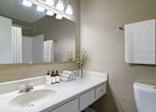Thumbnail 9 of 29 - Modern bathroom with granite countertops, sleek fixtures, and ample lighting in a pet-friendly apartment at Stratford Ridge Apartments in Marietta, GA.