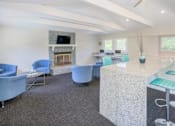 Thumbnail 21 of 25 - Apartment lobby with blue chairs, fireplace, TV, computer stations, and a granite countertop bar.
